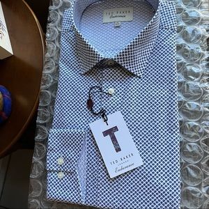 Ted Baker Endurance Shirt White with Navy Print Sz 16-34/35 Retail $160